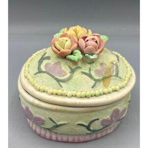 Vtg Floral Porcelain Trinket Box Rose Floral Lid Stash Decorative Oval